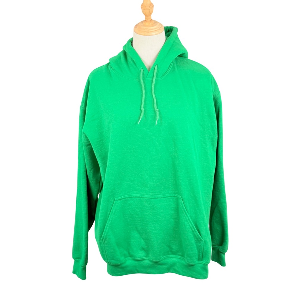 Gildan Large Hoodie Green Heavy Blend Fleece Pullover Casual Basic Sweatshirt